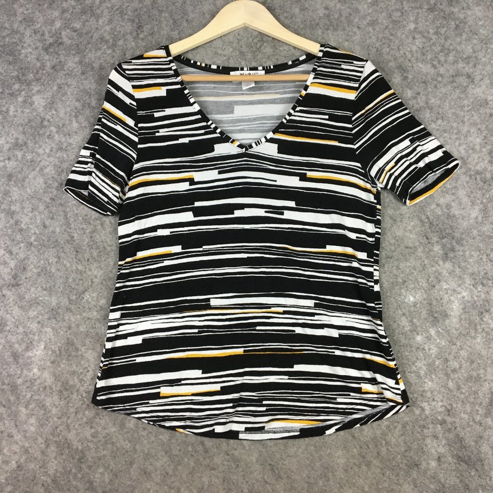 White House Black Market Top M Short Sleeve V Neck Jersey Knit Striped Casual